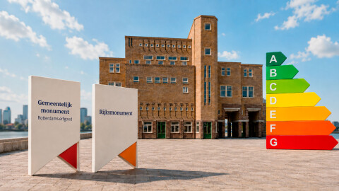 Energielabelplicht voor monumenten vanaf 29 mei 2026, met rijksmonument en gemeentelijk monument schildjes bij een Rotterdams monumentaal wooncomplex.