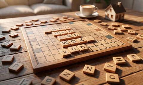 Fotorealistische afbeelding van Scrabble letters die afkortingen uit de woningmarkt vormen zoals NHG, VvE, k.k., WOZ en v.o.n., gebruikt in blog over huizen kopen en verkopen.